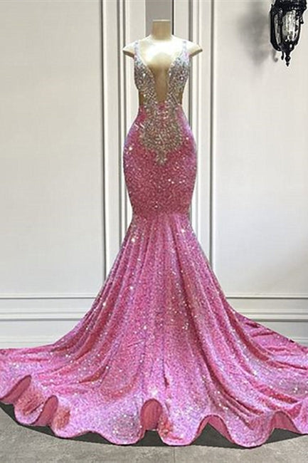 Wunderschönes rosa Pailletten ärmelloses Träger Bodenlanges Meerjungfrau Ballkleid