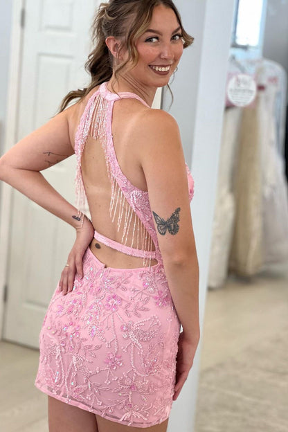 Beautiful Pink Sleeveless Halter Backless Homecoming Dress With Lace