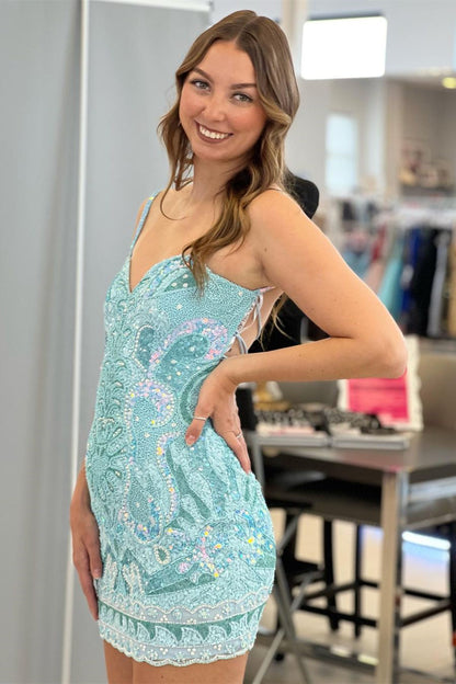 Beautiful Spaghetti Straps Backless Sleeveless Homecoming Dress With Lace