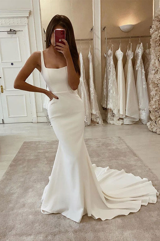 Hermoso vestido de novia largo con tirantes finos
