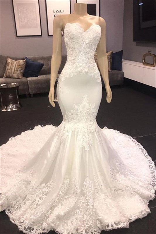 Hermoso vestido de novia de sirena sin tirantes, recién llegado.