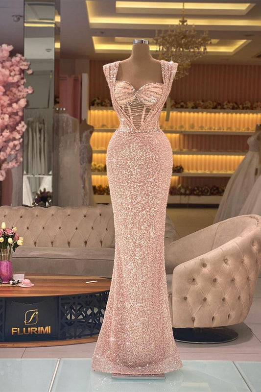 Hermoso vestido de fiesta de sirena con escote corazón, sin mangas, con lentejuelas, color rosa