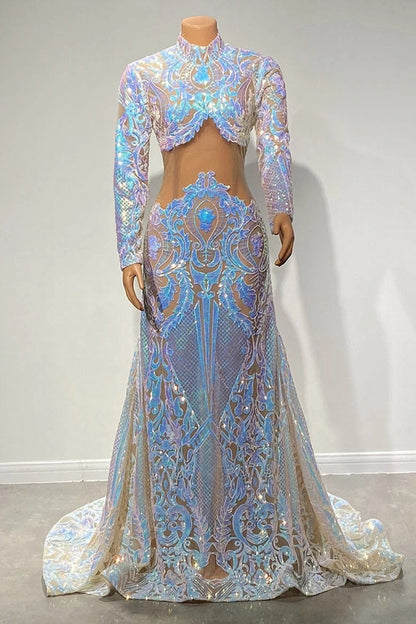 Beautiful Two Piece High-neck Long Sleeve Floor-length A-Line Prom Dresses