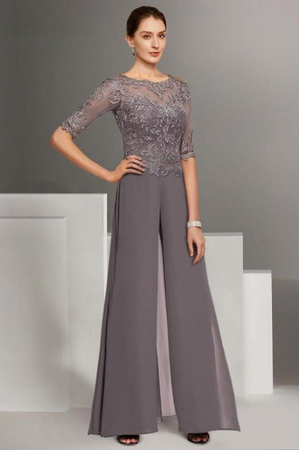 Hermoso vestido de dos piezas para madre de la novia, de gasa, con escote redondo y media manga, para dama de honor con apliques.