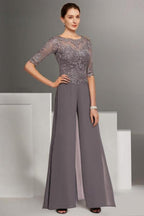 Hermoso vestido de dos piezas para madre de la novia, de gasa, con escote redondo y media manga, para dama de honor con apliques.