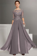 Hermoso vestido de dos piezas para madre de la novia, de gasa, con escote redondo y media manga, para dama de honor con apliques.