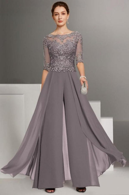 Hermoso vestido de dos piezas para madre de la novia, de gasa, con escote redondo y media manga, para dama de honor con apliques.