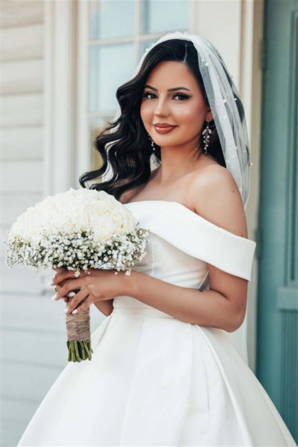 Beautiful White A-line Off-the-shoulder Satin Wedding Dress