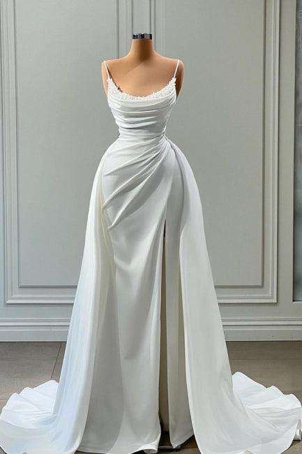 Wunderschönes weißes langes A-Linien-Brautkleid mit Spaghettiträgern und Perlen