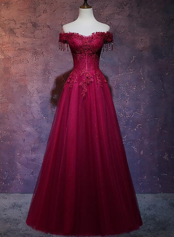 NumberSea - Beautiful Wine Red Tulle Sweetheart Long Prom Dress, A - line Party Dress