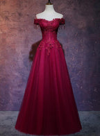 NumberSea - Beautiful Wine Red Tulle Sweetheart Long Prom Dress, A - line Party Dress