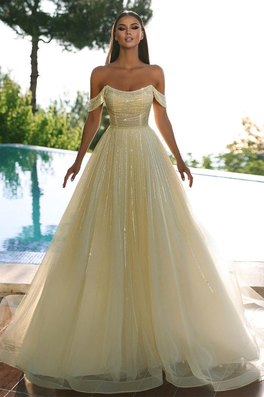 Wunderschönes, gelbes, schulterfreies A-Linien-Ballkleid mit Pailletten