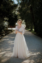 Gürtel Tüll V-Ausschnitt Halbarm A-Linie Brautkleid Brautkleid WD401