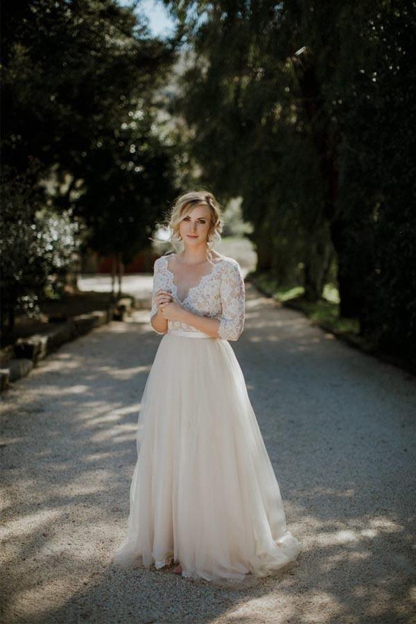 Vestido de novia de tul con escote en V, media manga y corte en A, WD401