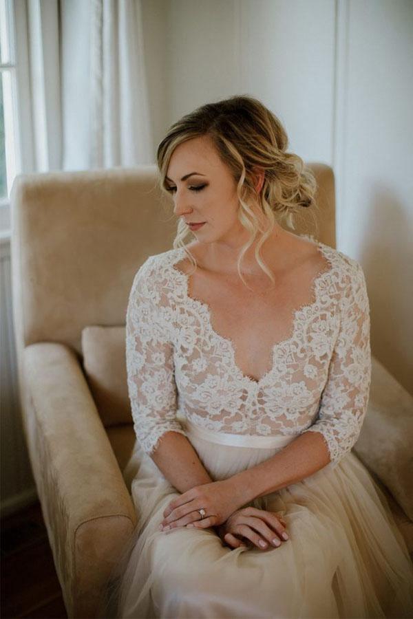 Vestido de novia de tul con escote en V, media manga y corte en A, WD401