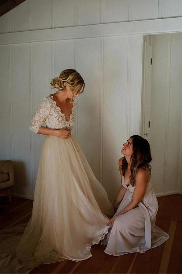 Vestido de novia de tul con escote en V, media manga y corte en A, WD401
