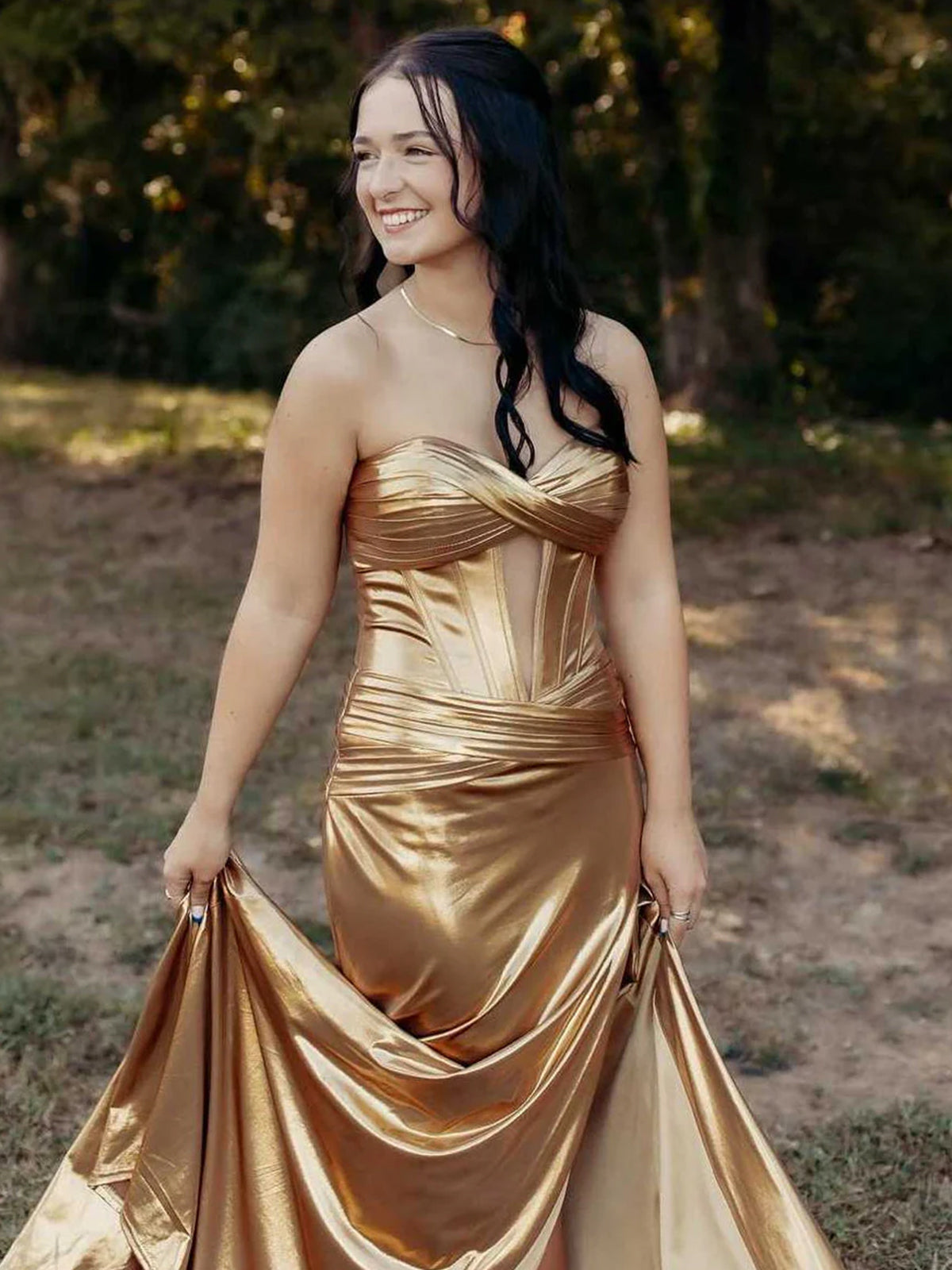 Bencelina | Meerjungfrau Sweetheart Grün Metallic Langes Ballkleid mit Schlitz