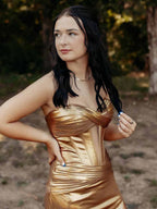 Bencelina | Meerjungfrau Sweetheart Grün Metallic Langes Ballkleid mit Schlitz