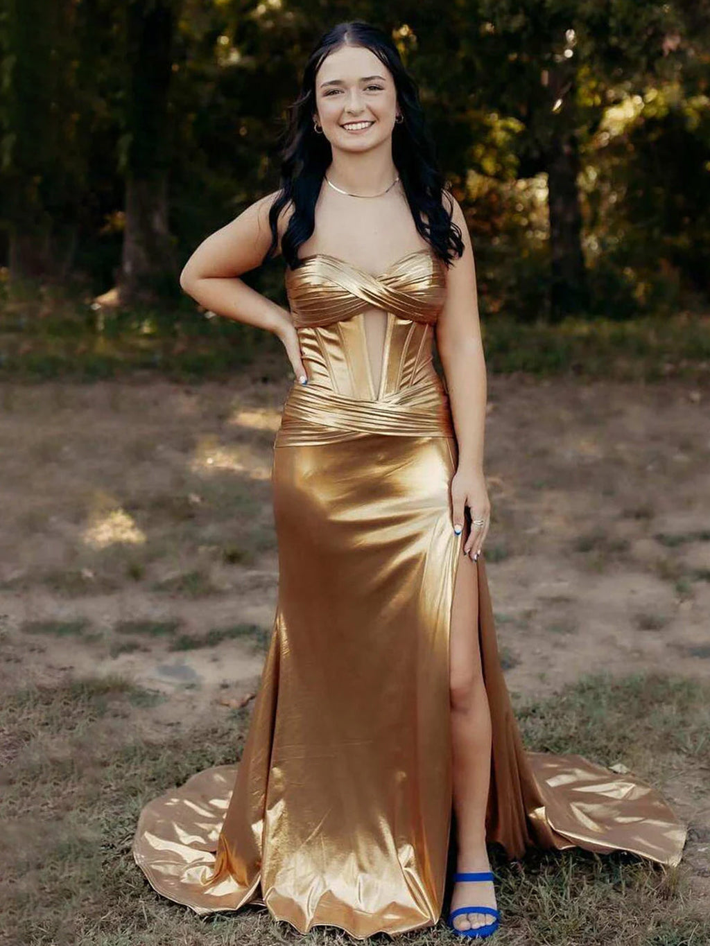 Bencelina | Meerjungfrau Sweetheart Grün Metallic Langes Ballkleid mit Schlitz