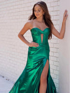 Bencelina | Meerjungfrau Sweetheart Grün Metallic Langes Ballkleid mit Schlitz