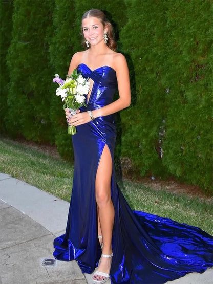 Bencelina | Mermaid Sweetheart Green Metallic Long Prom Dress with Slit