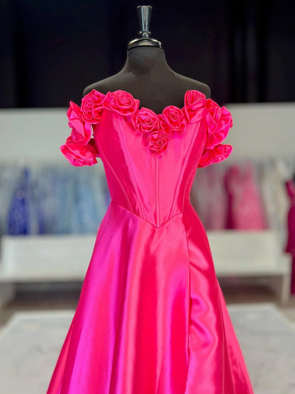 Benson | Vestido de fiesta fucsia con escote tipo corsé y hombros descubiertos