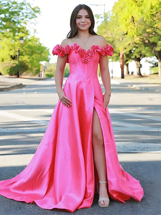 Benson | Vestido de fiesta fucsia con escote tipo corsé y hombros descubiertos