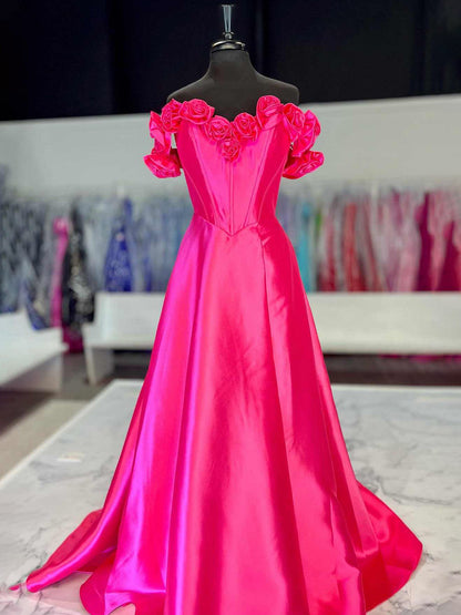 Benson | Vestido de fiesta fucsia con escote tipo corsé y hombros descubiertos
