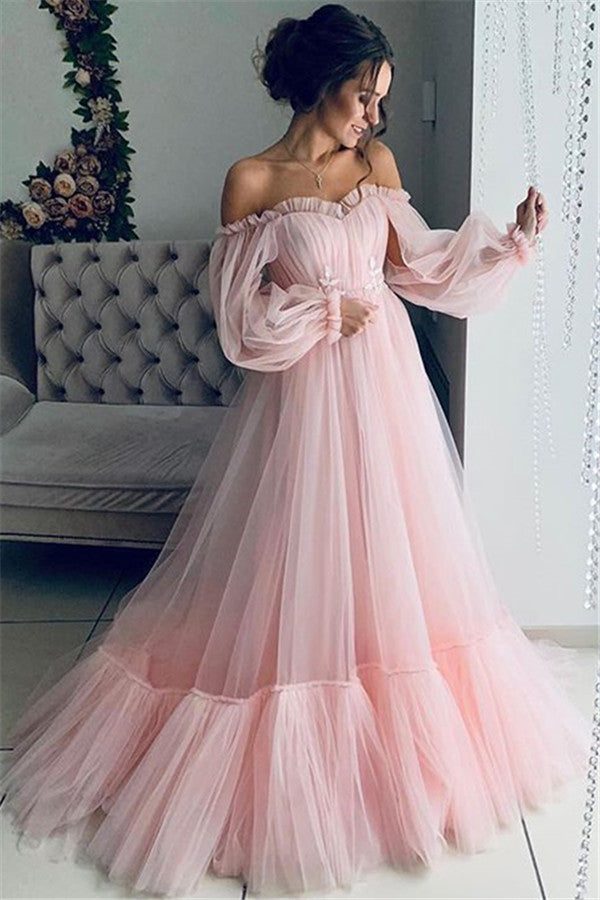 El mejor vestido de fiesta largo de tul con corte A, hombros descubiertos y mangas