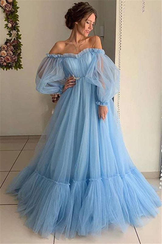 El mejor vestido de fiesta largo de tul con corte A, hombros descubiertos y mangas