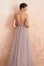 Bestes langes ärmelloses A-Linien-Ballkleid aus Tüll mit V-Ausschnitt und Schlitz