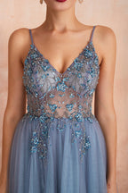 Bestes langes ärmelloses A-Linien-Ballkleid aus Tüll mit V-Ausschnitt und Schlitz