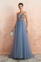 Bestes langes ärmelloses A-Linien-Ballkleid aus Tüll mit V-Ausschnitt und Schlitz