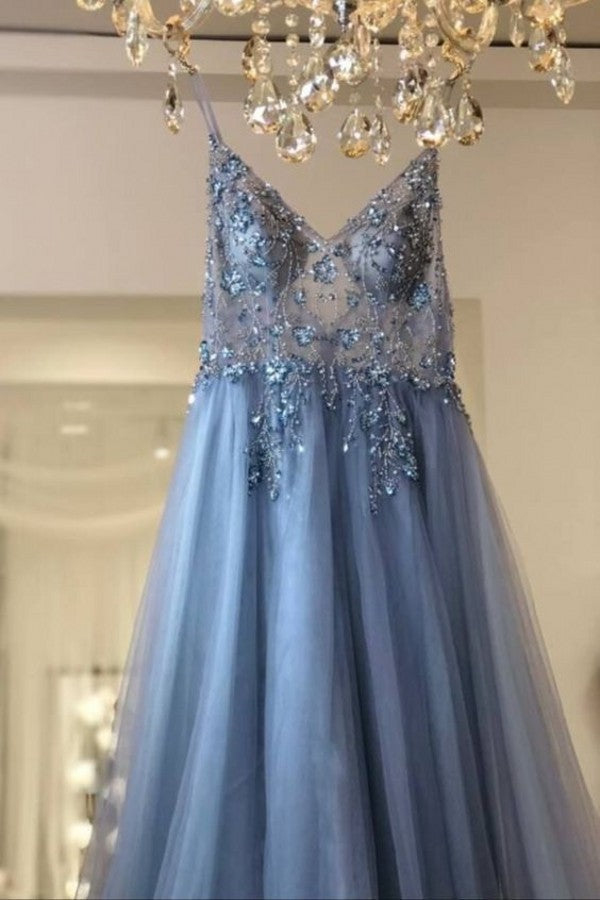 El mejor vestido de fiesta largo de tul con escote en V, sin mangas y corte A con abertura
