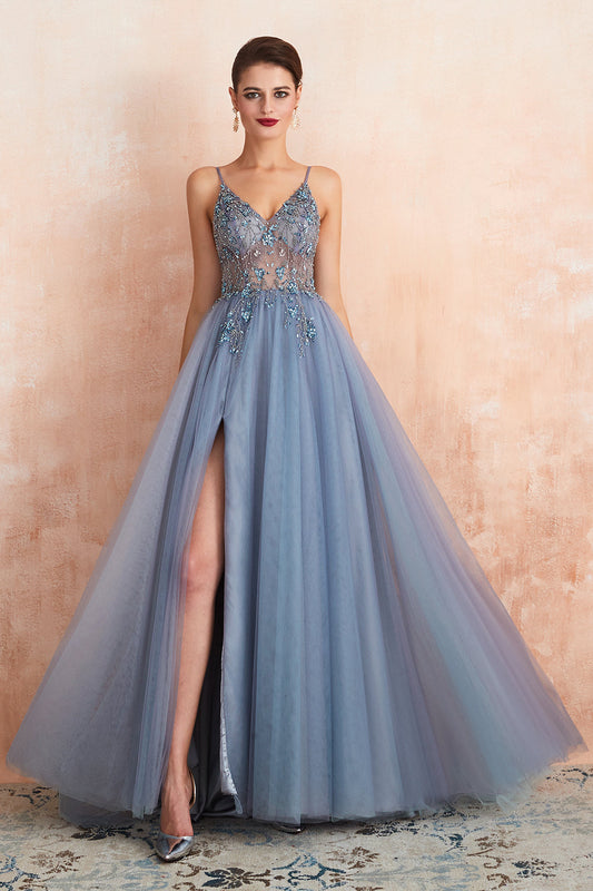 El mejor vestido de fiesta largo de tul con escote en V, sin mangas y corte A con abertura
