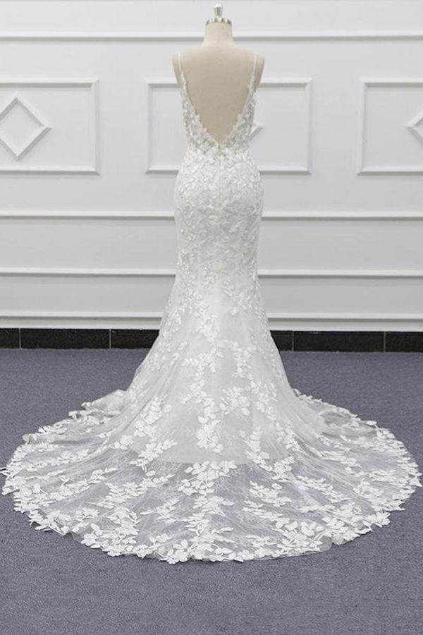 Bestes langes Meerjungfrau-Brautkleid mit Spaghettiträgern und Spitzenapplikationen