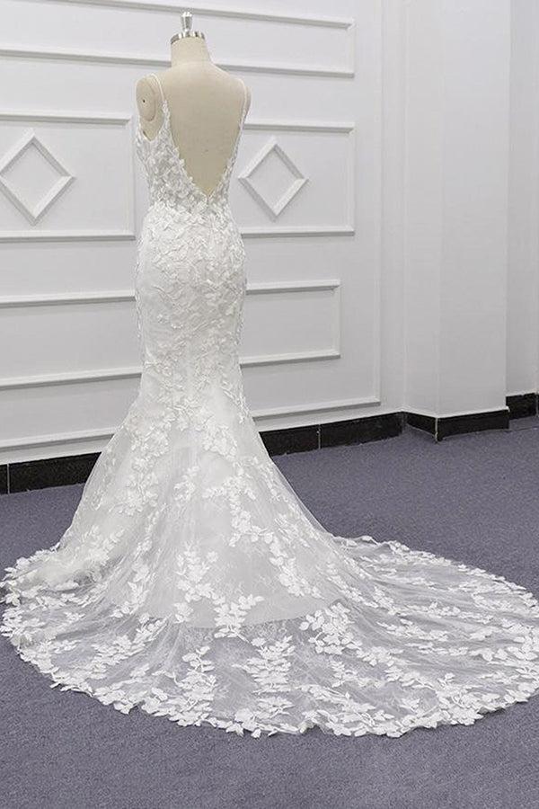 Bestes langes Meerjungfrau-Brautkleid mit Spaghettiträgern und Spitzenapplikationen