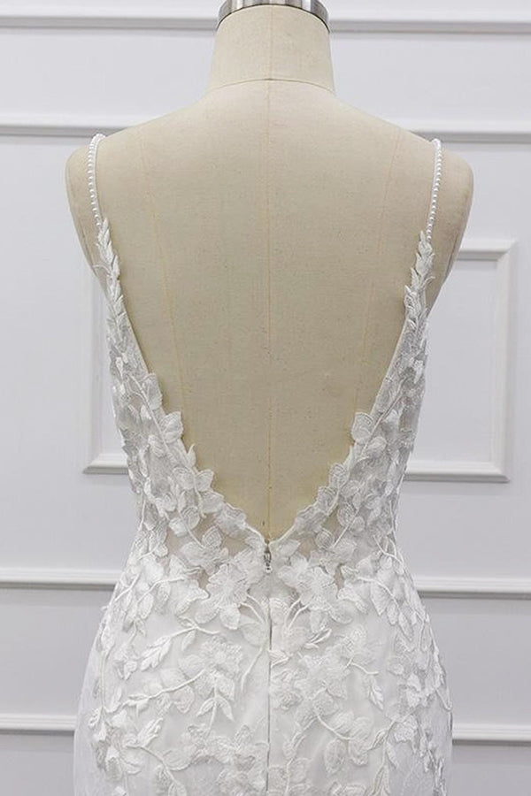 Bestes langes Meerjungfrau-Brautkleid mit Spaghettiträgern und Spitzenapplikationen