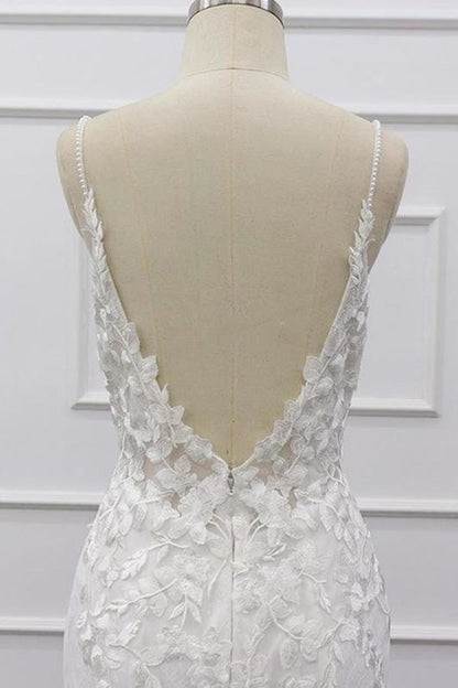 Los mejores vestidos de novia elegantes de corte sirena con apliques y tirantes finos