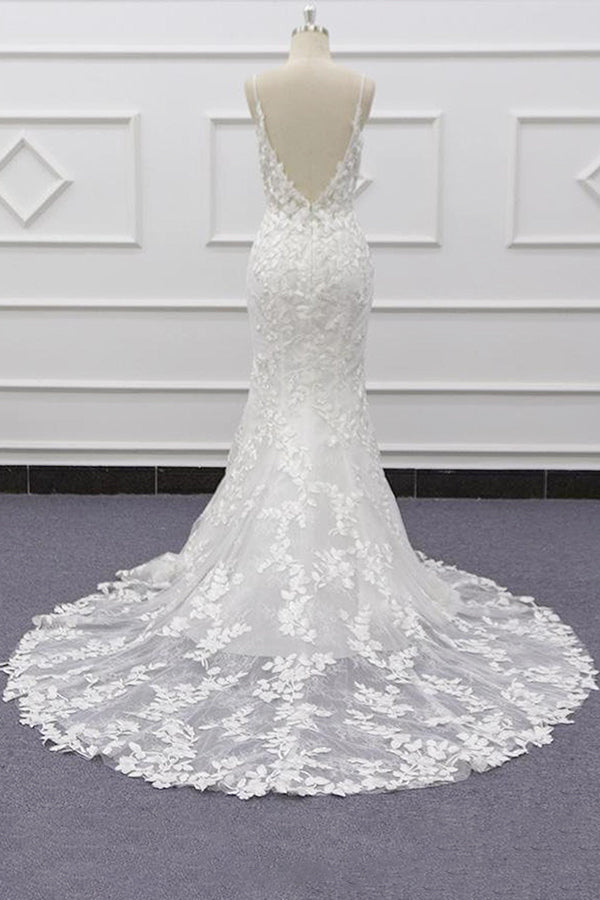 Bestes Meerjungfrau-Brautkleid mit Spaghettiträgern und Applikationen 