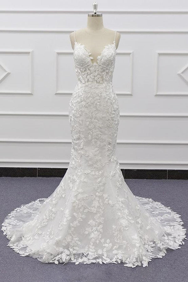 Bestes Meerjungfrau-Brautkleid mit Spaghettiträgern und Applikationen 