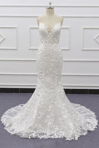Bestes Meerjungfrau-Brautkleid mit Spaghettiträgern und Applikationen 