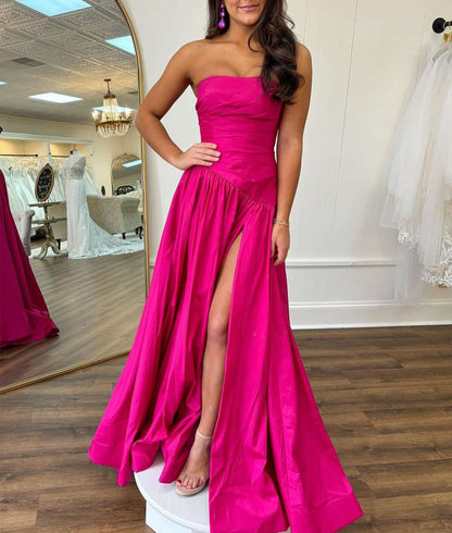 Beth | Vestido formal largo de tafetán fucsia sin tirantes y corte A