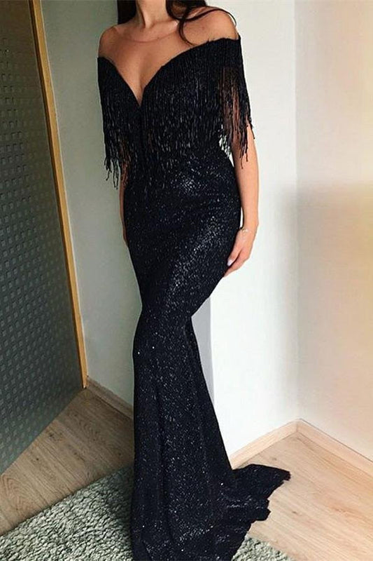 Vestido de fiesta largo hasta el suelo con lentejuelas negras, escote en V y borlas, corte sirena