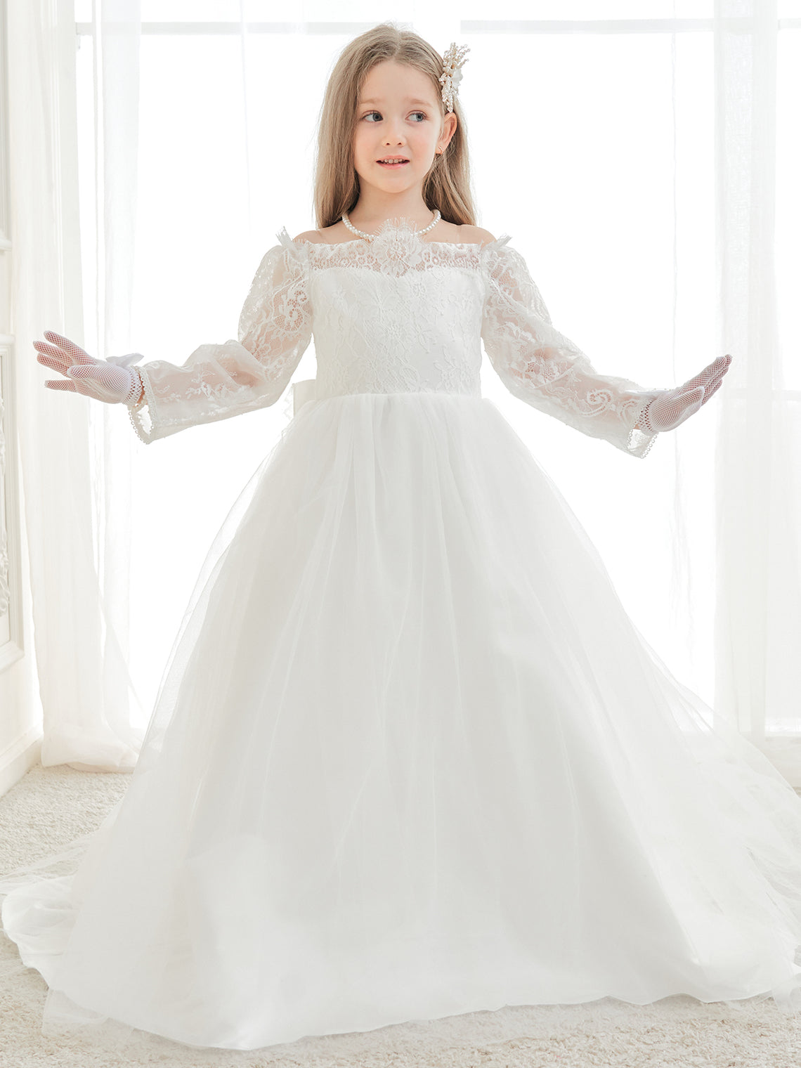 A-Linie Spitze Tüll Bodenlang Elfenbein Kleid (2003227154) 