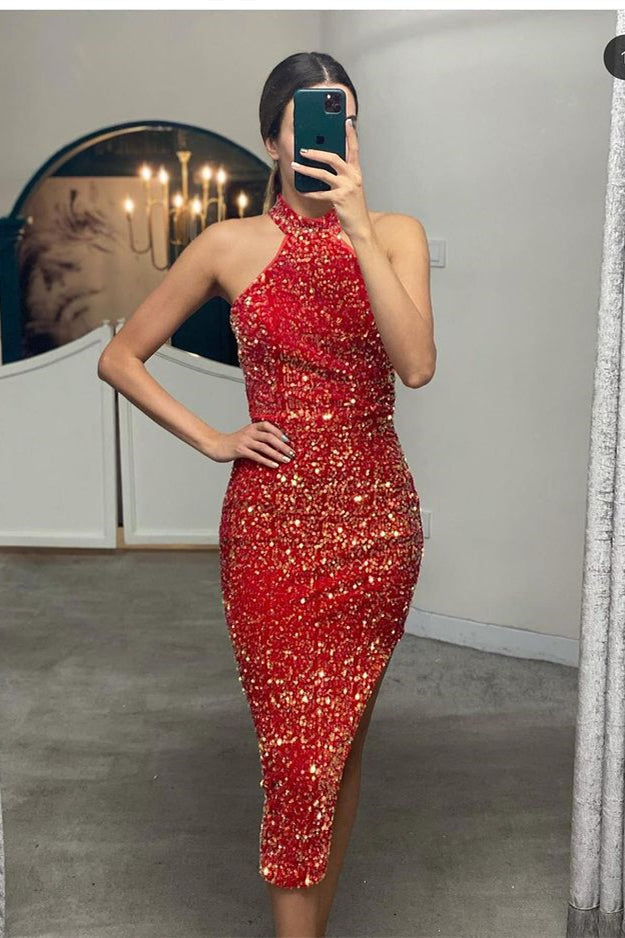 Elegante kurze Meerjungfrau Pailletten Neckholder Party Ballkleider mit Schlitz