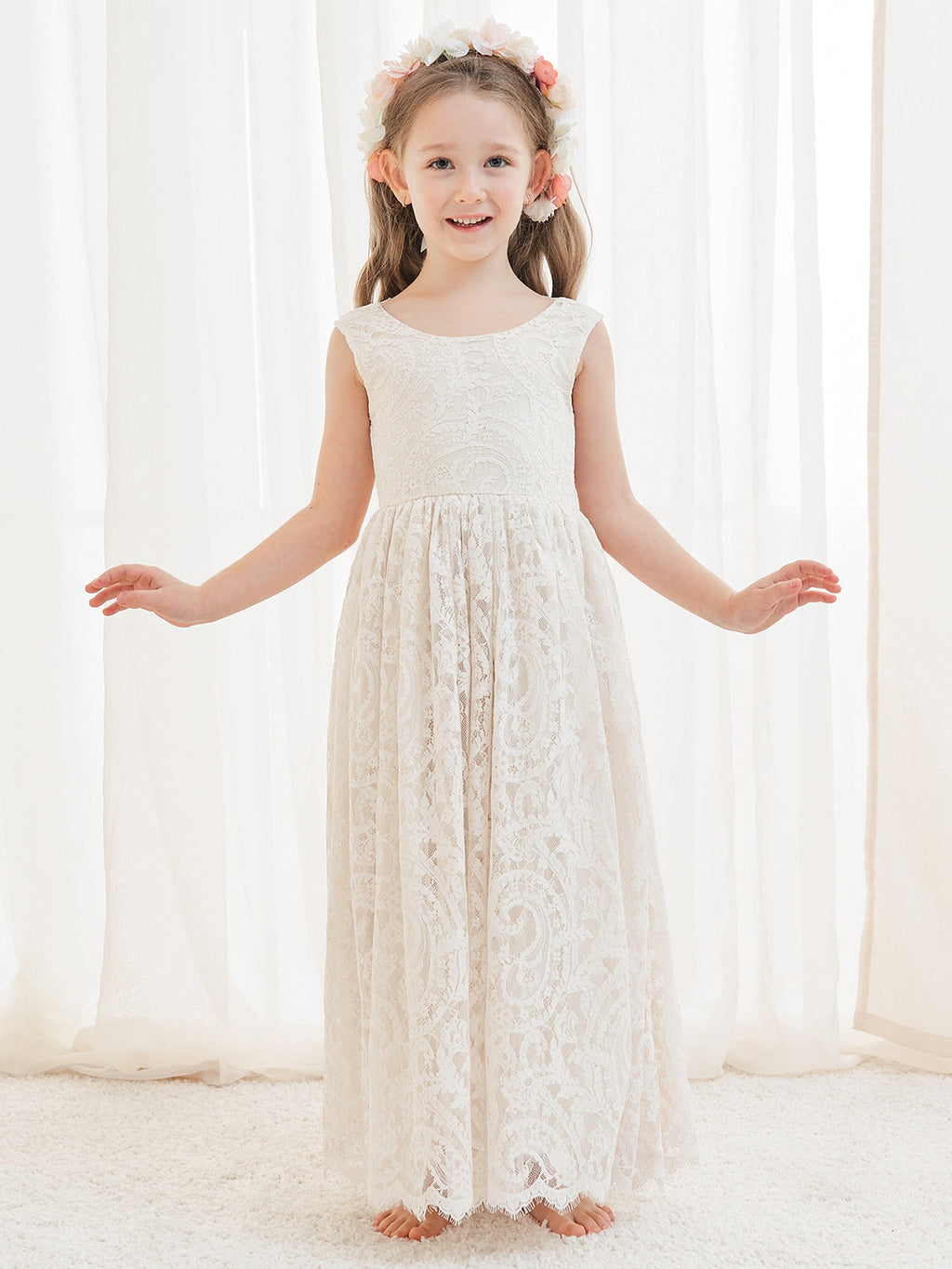 A-Linien-Spitze Knöchellanges Elfenbein Boho Blumenmädchenkleid 