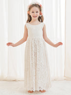 A-Linien-Spitze Knöchellanges Elfenbein Boho Blumenmädchenkleid 