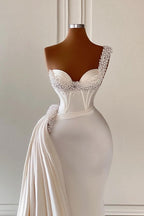 Vestido de fiesta de sirena con escote corazón y un hombro, encantador, con volantes, de Biztunnel