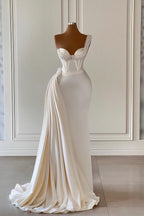 Vestido de fiesta de sirena con escote corazón y un hombro, encantador, con volantes, de Biztunnel